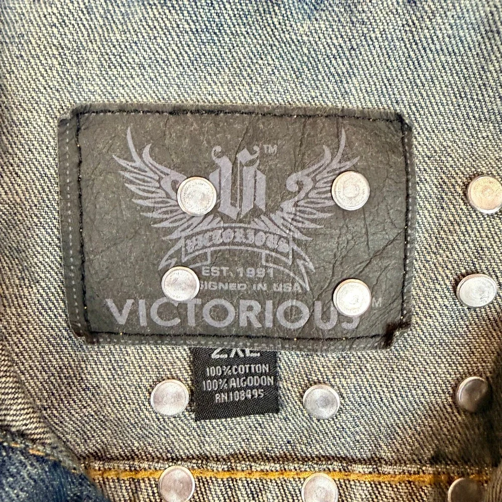 Victorious Mens Studded Denim Vest with Hood Blue Sleeveless Jean Jacket 2XL - Picture 2 of 5